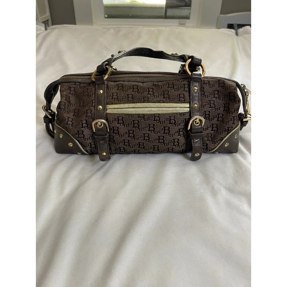 Bonia Monogram Canvas Satchel Bag Brown Leather Trim Gold Hardware Studded